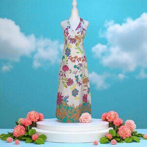 VTG 1970s Halter Maxi Sundress Smocked Bold Flowers Vacation Aloha Hawaiian 4